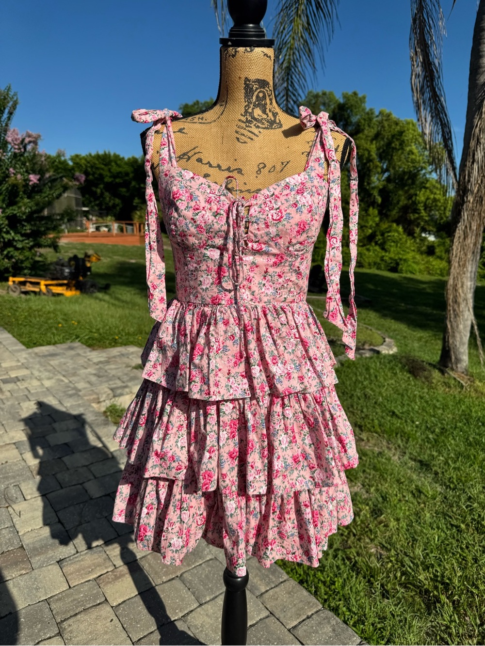 NWOT Mable Pink Floral Tie-Shoulder Tiered Mini Dress Large